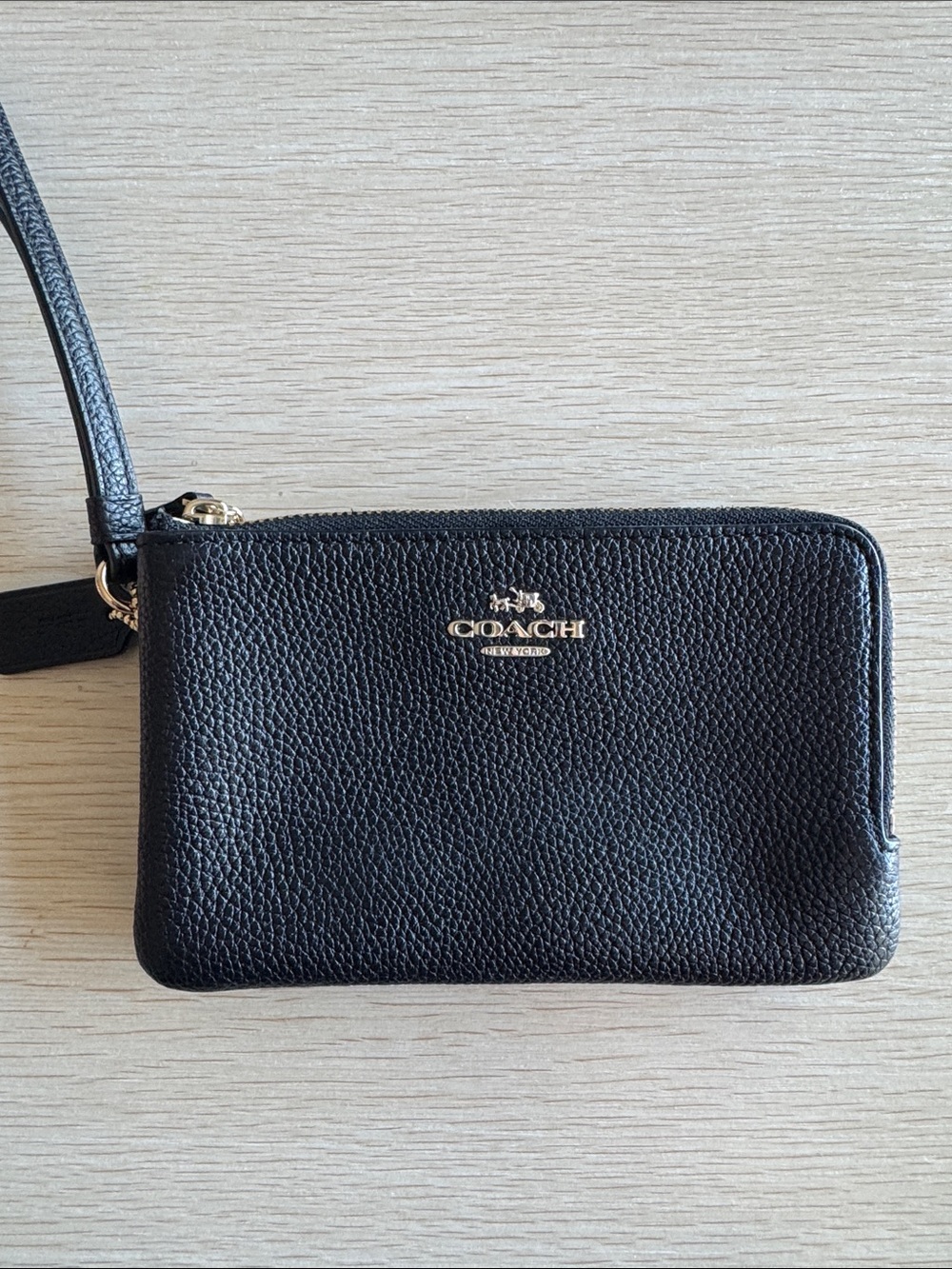 Coach Black Pebbled Leather Wristlet with Gold Logo